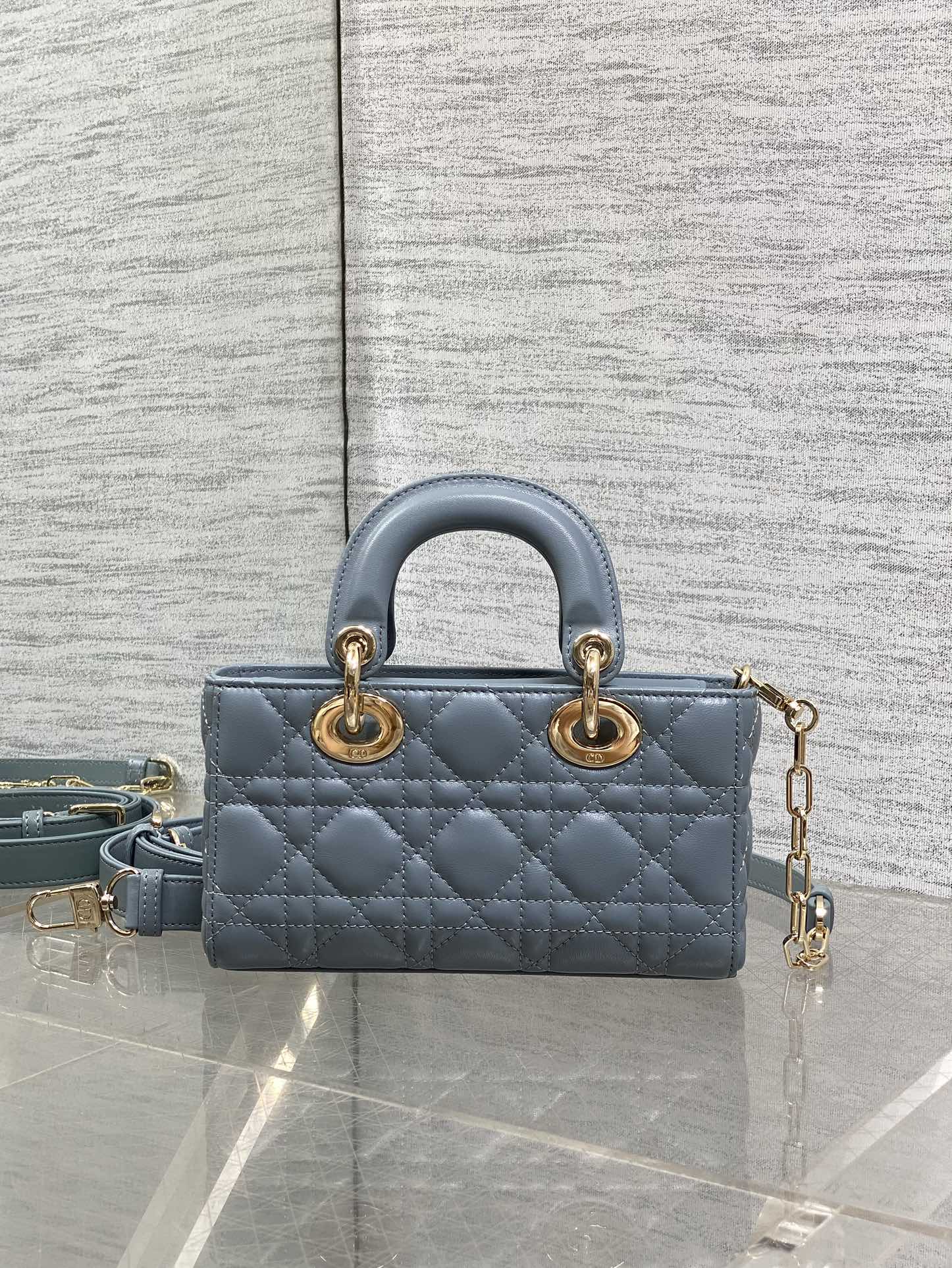 DIOR 25S SMALL LADY D‑JOY BAG 19 IN STEEL BLUE GRAY CANNAGE CALFSKIN GOLD HARDWRE