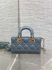 DIOR 25S SMALL LADY D‑JOY BAG 19 IN STEEL BLUE GRAY CANNAGE CALFSKIN GOLD HARDWRE