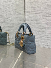DIOR 25S SMALL LADY D‑JOY BAG 19 IN STEEL BLUE GRAY CANNAGE CALFSKIN GOLD HARDWARE