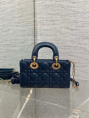 DIOR 25S SMALL LADY D‑JOY BAG 19 IN DARK BLUE CANNAGE CALFSKIN GOLD HARDWARE