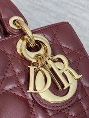 DIOR 25S SMALL LADY D‑JOY BAG 19 IN BURGUNDY CANNAGE CALFSKIN GOLD HARDWRE