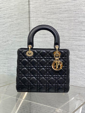 DIOR 25S MEDIUM LADY BAG 24 IN BLACK CALFSKIN GOLD HARDWRE