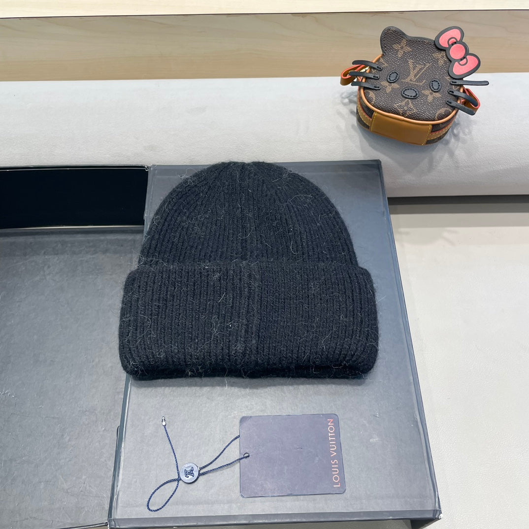 KNITTED BEANIE HAT IN BLACK WOOL AND RABBIT FUR 417754