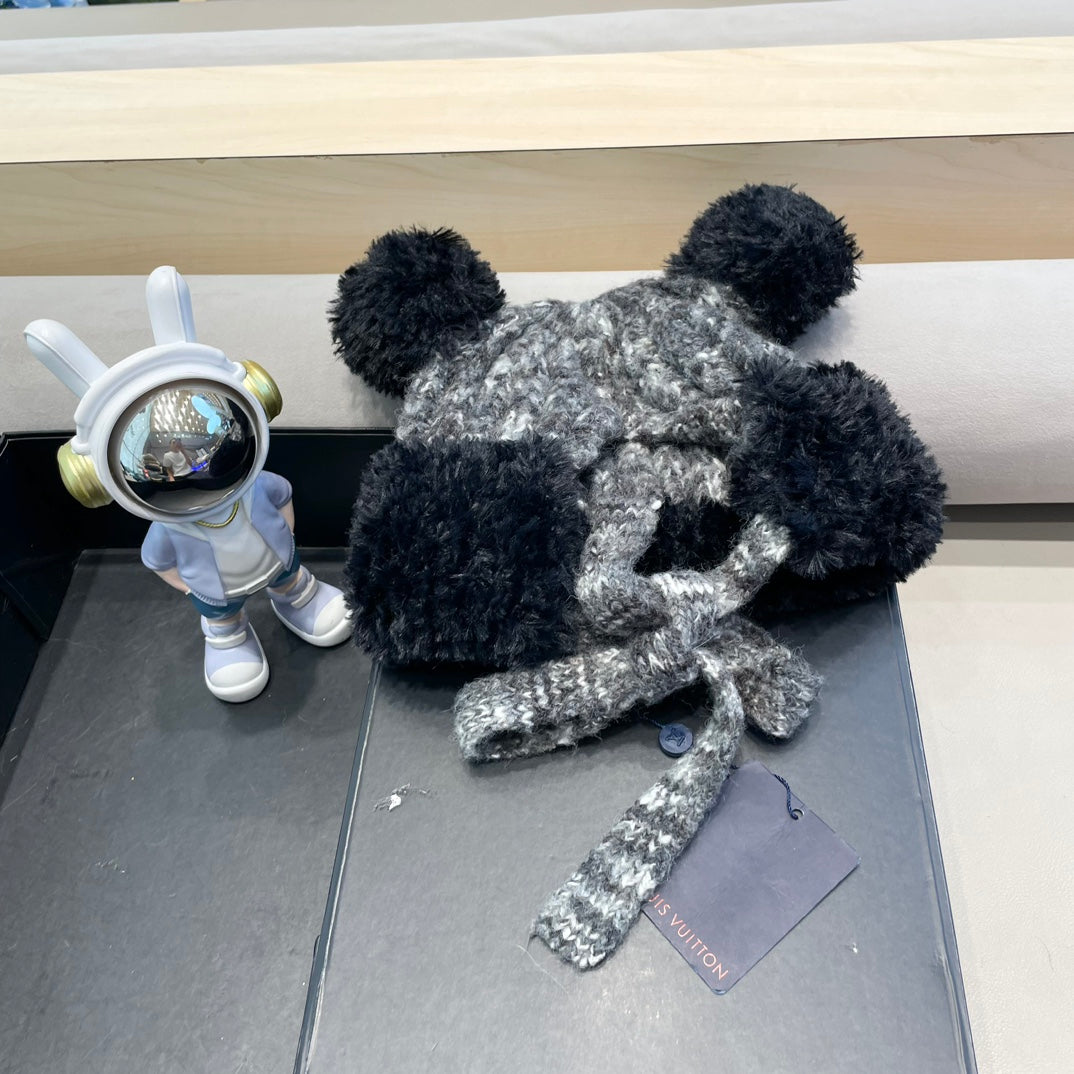 KNITTED BEANIE HAT IN BLACK MIX GRAY WOOL WITH CUTE BEAR EARS 422498