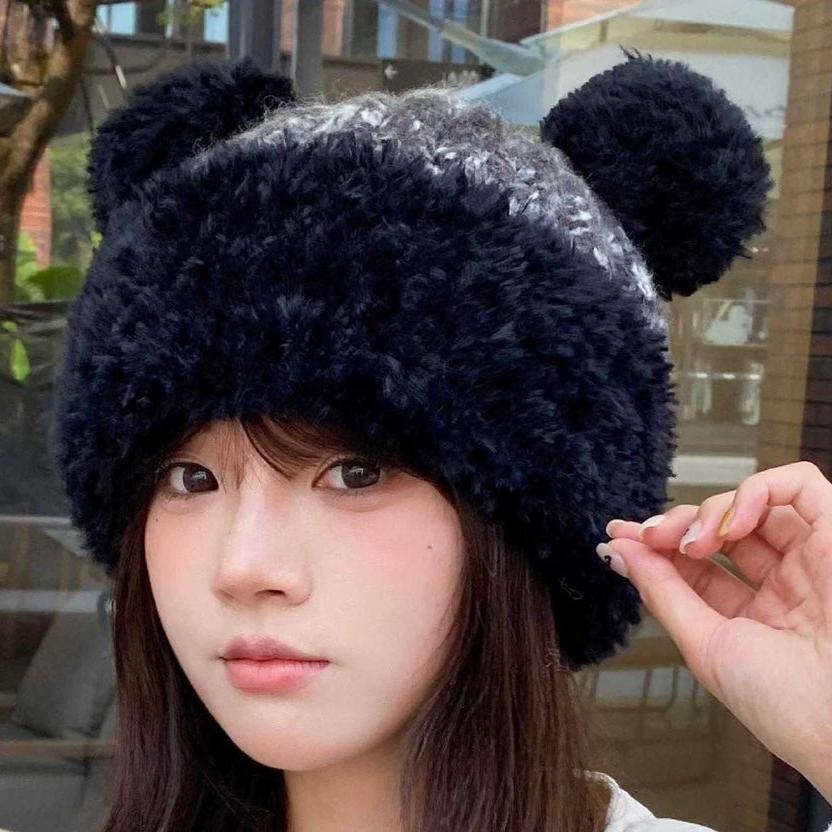KNITTED BEANIE HAT IN BLACK MIX GRAY WOOL WITH CUTE BEAR EARS 422498