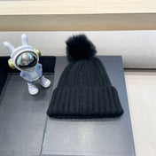 BEANIE HAT IN BLACK WOOL WITH POM POM 438105