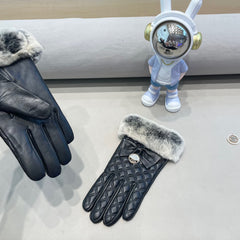 TOUCHSCREEN GLOVES WITH BOW IN BLACK RABBIT FUR MIX LAMBSKIN 463796