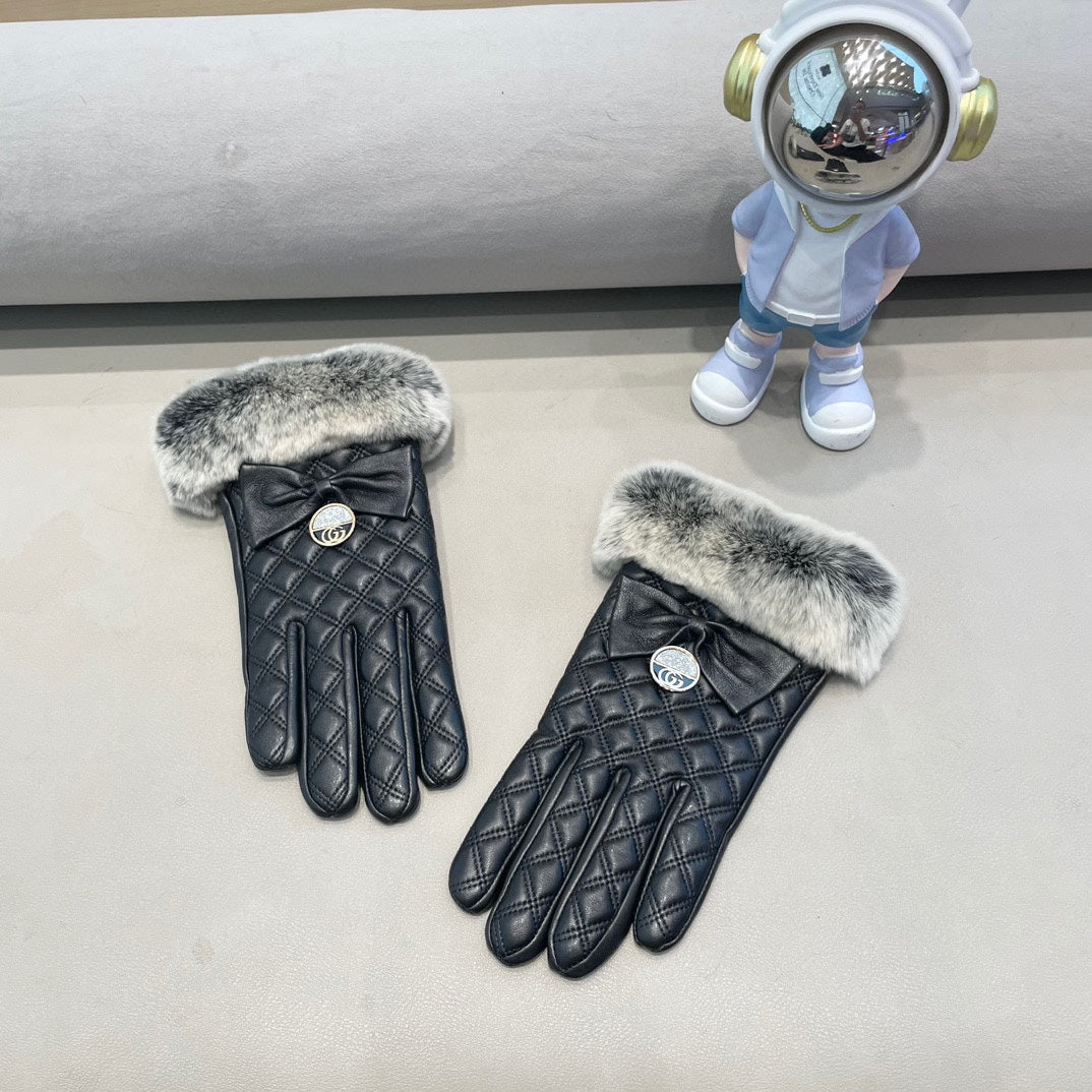 TOUCHSCREEN GLOVES WITH BOW IN BLACK RABBIT FUR MIX LAMBSKIN 463796