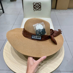 MM WIDE-BRIM BEACH HAT IN BEIGE WITH FABRIC BOW