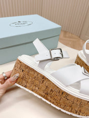 PRA WEDGE PLATFORM SANDALS WHITE CALFSKIN