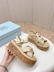 PRA WEDGE PLATFORM SANDALS BEIGE CALFSKIN