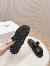 PRA CROCODILE MOTIF SLIDES SANDALS BLACK CALFSKIN