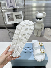 PRADA 25S STRAP SLIDES 30MM IN WHITE CALFSKIN GOLD HARDWARE