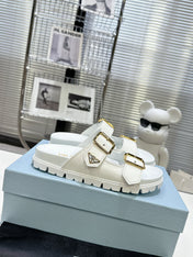 PRADA 25S STRAP SLIDES 30MM IN WHITE CALFSKIN GOLD HARDWARE