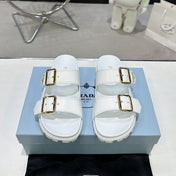 PRADA 25S STRAP SLIDES 30MM IN WHITE CALFSKIN GOLD HARDWARE
