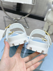 PRADA 25S STRAP SLIDES 30MM IN WHITE CALFSKIN GOLD HARDWARE