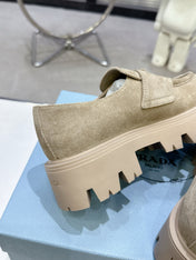 PRADA 25S THICK-SOLE LOAFERS 60 MM IN BEIGE SUEDE WITH GOLD HARDWARE
