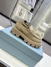 PRADA 25S THICK-SOLE LOAFERS 60 MM IN BEIGE SUEDE WITH GOLD HARDWARE