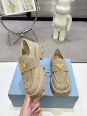 PRADA 25S THICK-SOLE LOAFERS 60 MM IN BEIGE SUEDE WITH GOLD HARDWARE