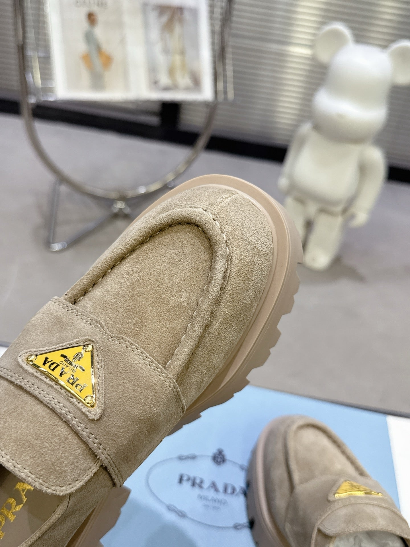 PRADA 25S THICK-SOLE LOAFERS 60 MM IN BEIGE SUEDE WITH GOLD HARDWARE