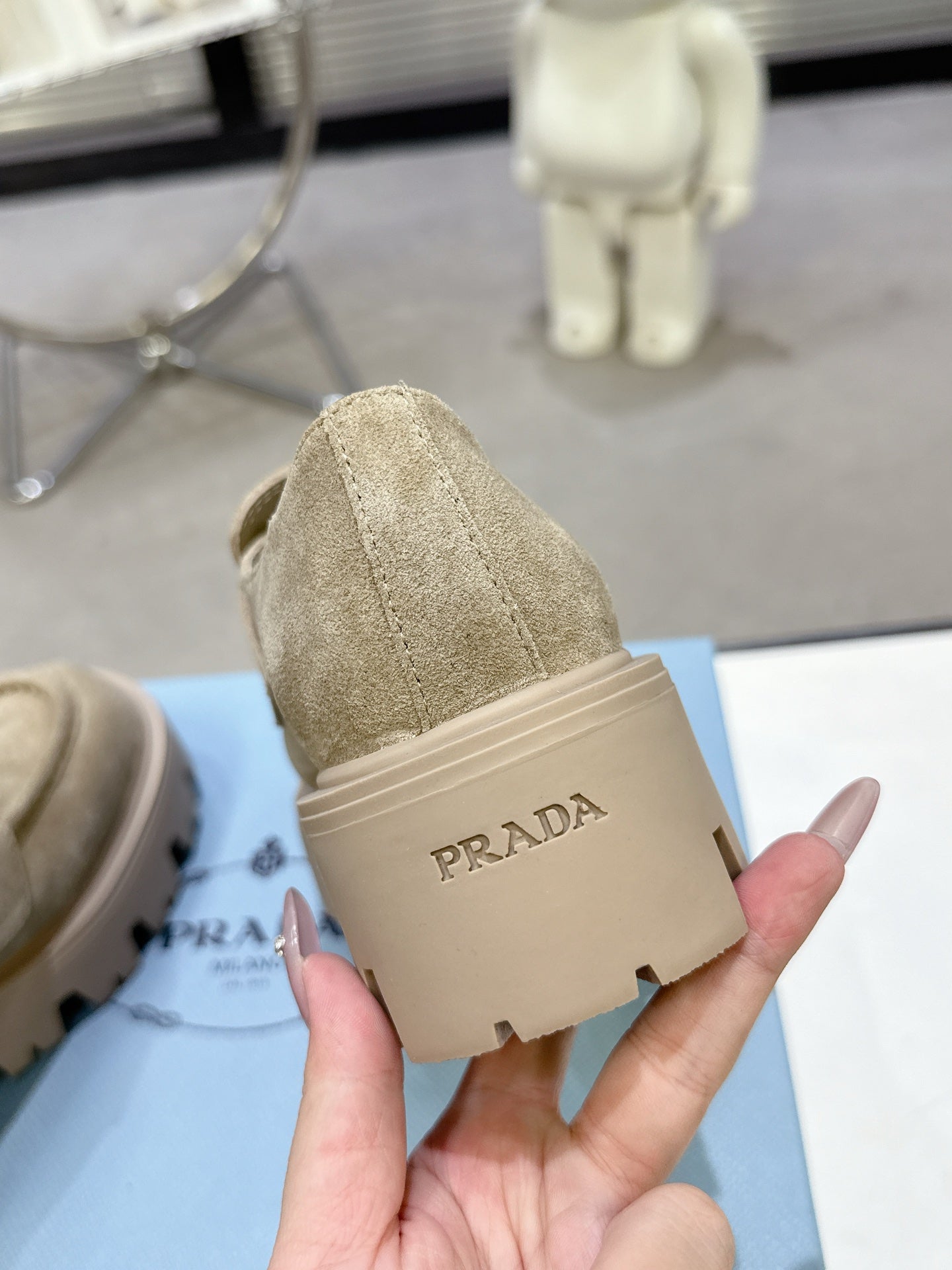 PRADA 25S THICK-SOLE LOAFERS 60 MM IN BEIGE SUEDE WITH GOLD HARDWARE