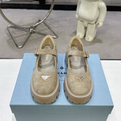 PRADA 25S PLATFORM MARY JANE SHOES IN BEIGE SUEDE STYLE 4