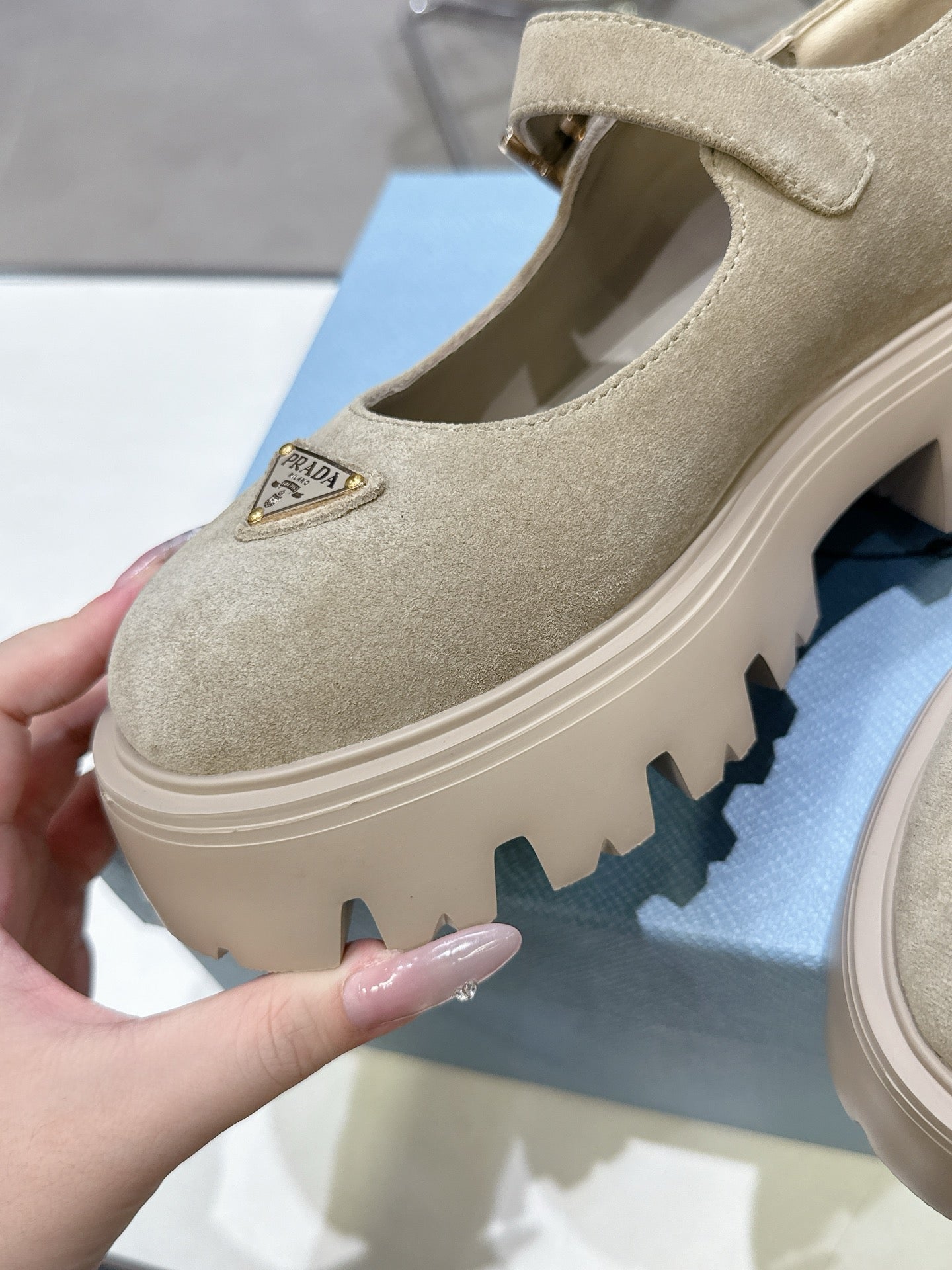 PRADA 25S PLATFORM MARY JANE SHOES IN BEIGE SUEDE STYLE 4