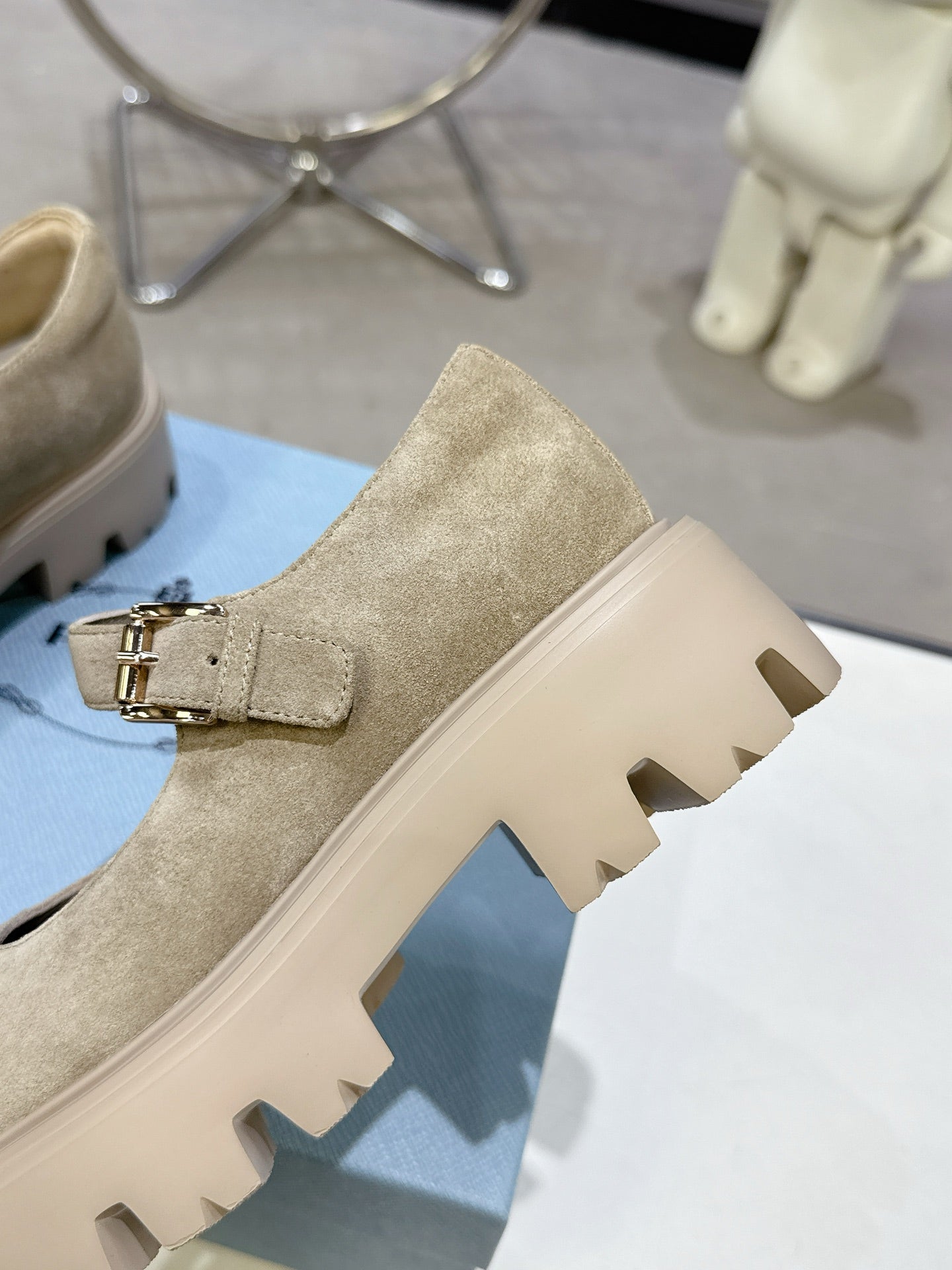 PRADA 25S PLATFORM MARY JANE SHOES IN BEIGE SUEDE STYLE 4