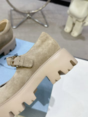 PRADA 25S PLATFORM MARY JANE SHOES IN BEIGE SUEDE STYLE 4