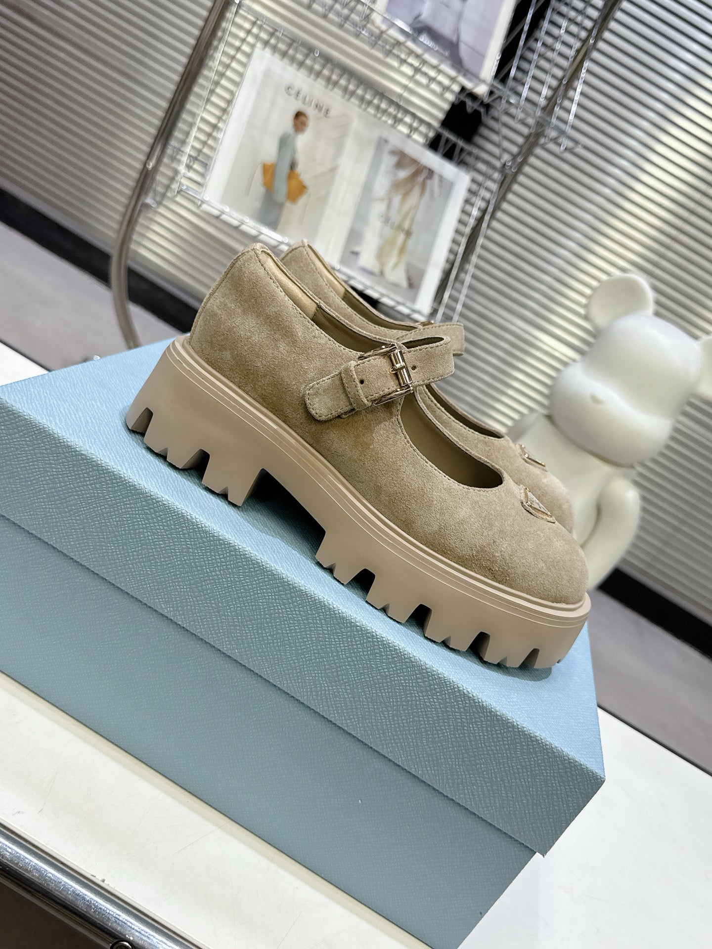 PRADA 25S PLATFORM MARY JANE SHOES IN BEIGE SUEDE STYLE 4
