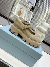 PRADA 25S PLATFORM MARY JANE SHOES IN BEIGE SUEDE STYLE 4