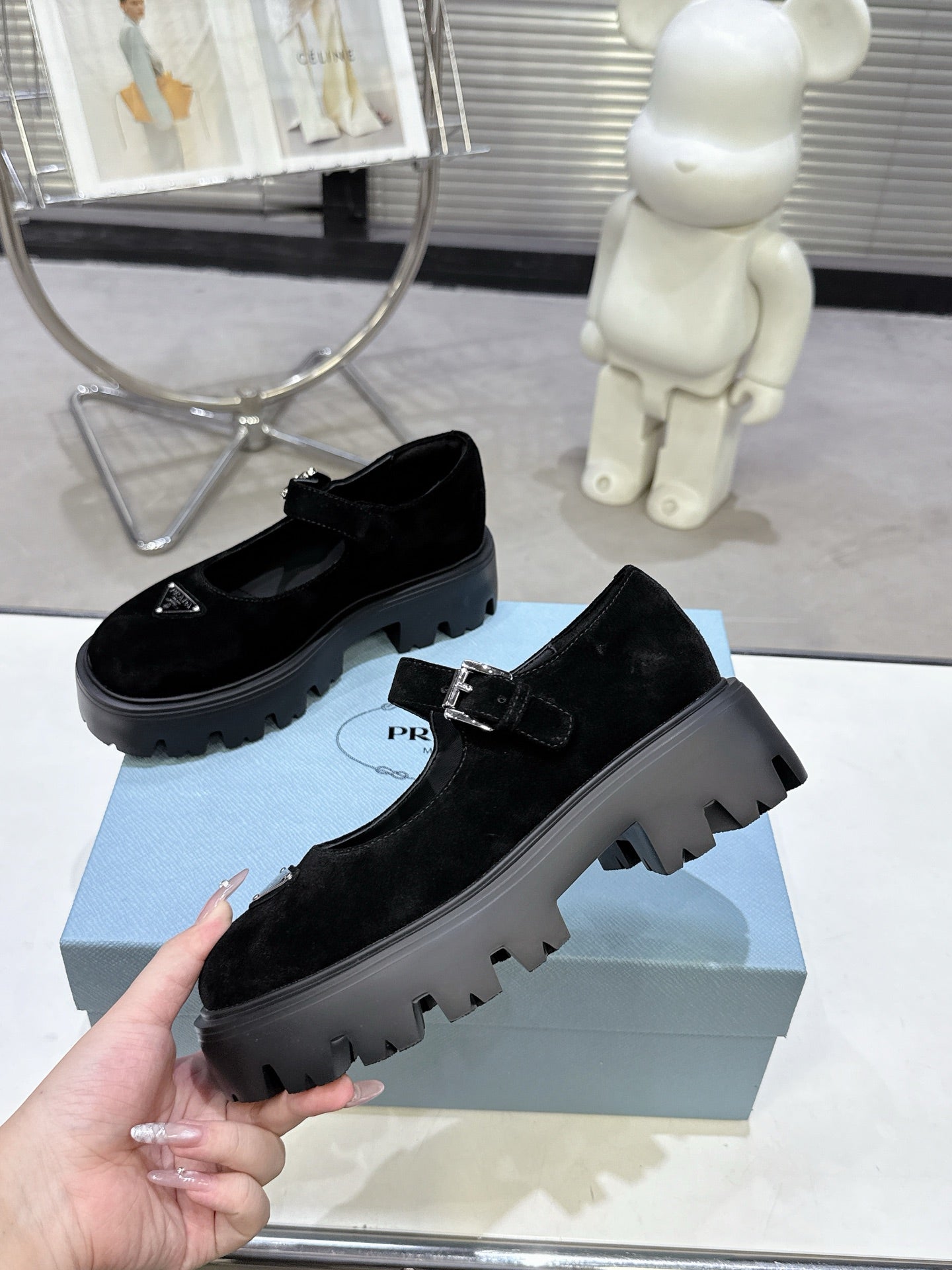 PRADA 25S PLATFORM MARY JANE SHOES IN BLACK SUEDE STYLE 2