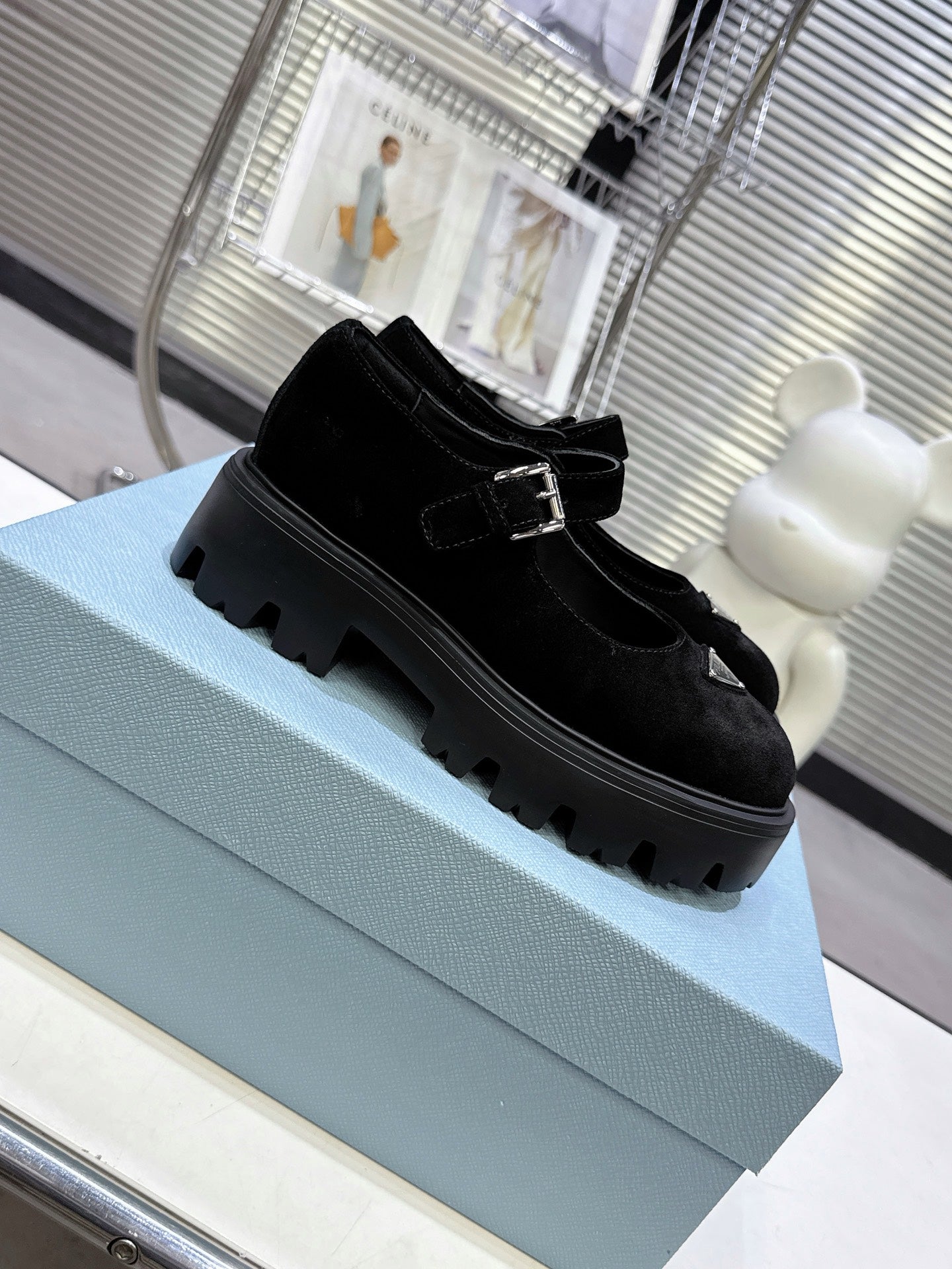 PRADA 25S PLATFORM MARY JANE SHOES IN BLACK SUEDE STYLE 2