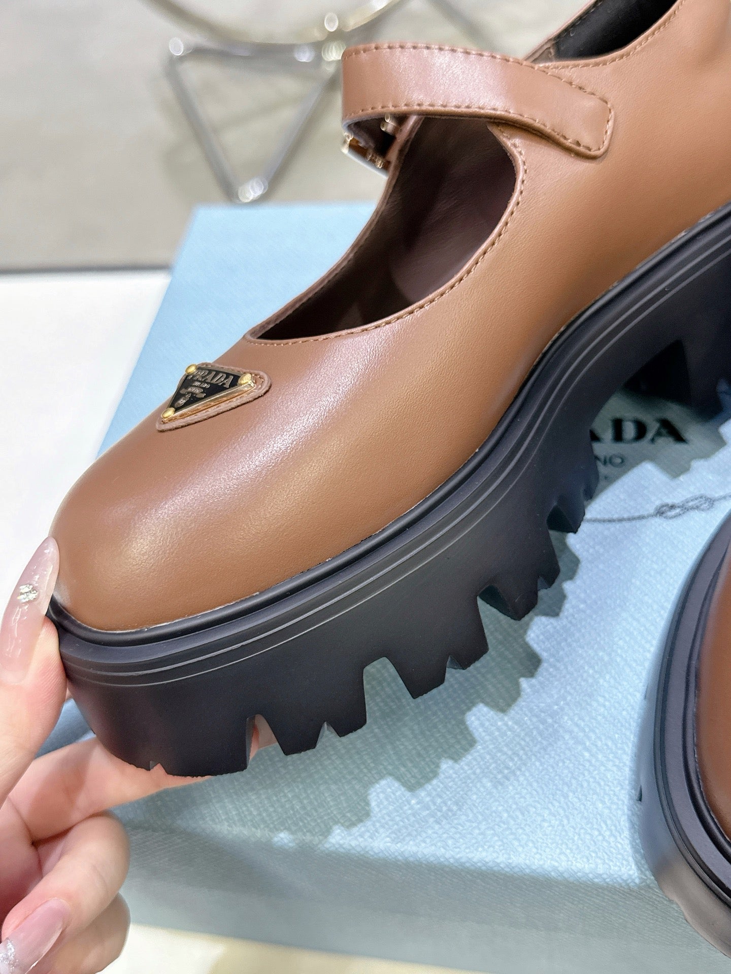 PRADA 25S PLATFORM MARY JANE SHOES IN BROWN CALFSKIN STYLE 1