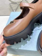 PRADA 25S PLATFORM MARY JANE SHOES IN BROWN CALFSKIN STYLE 1