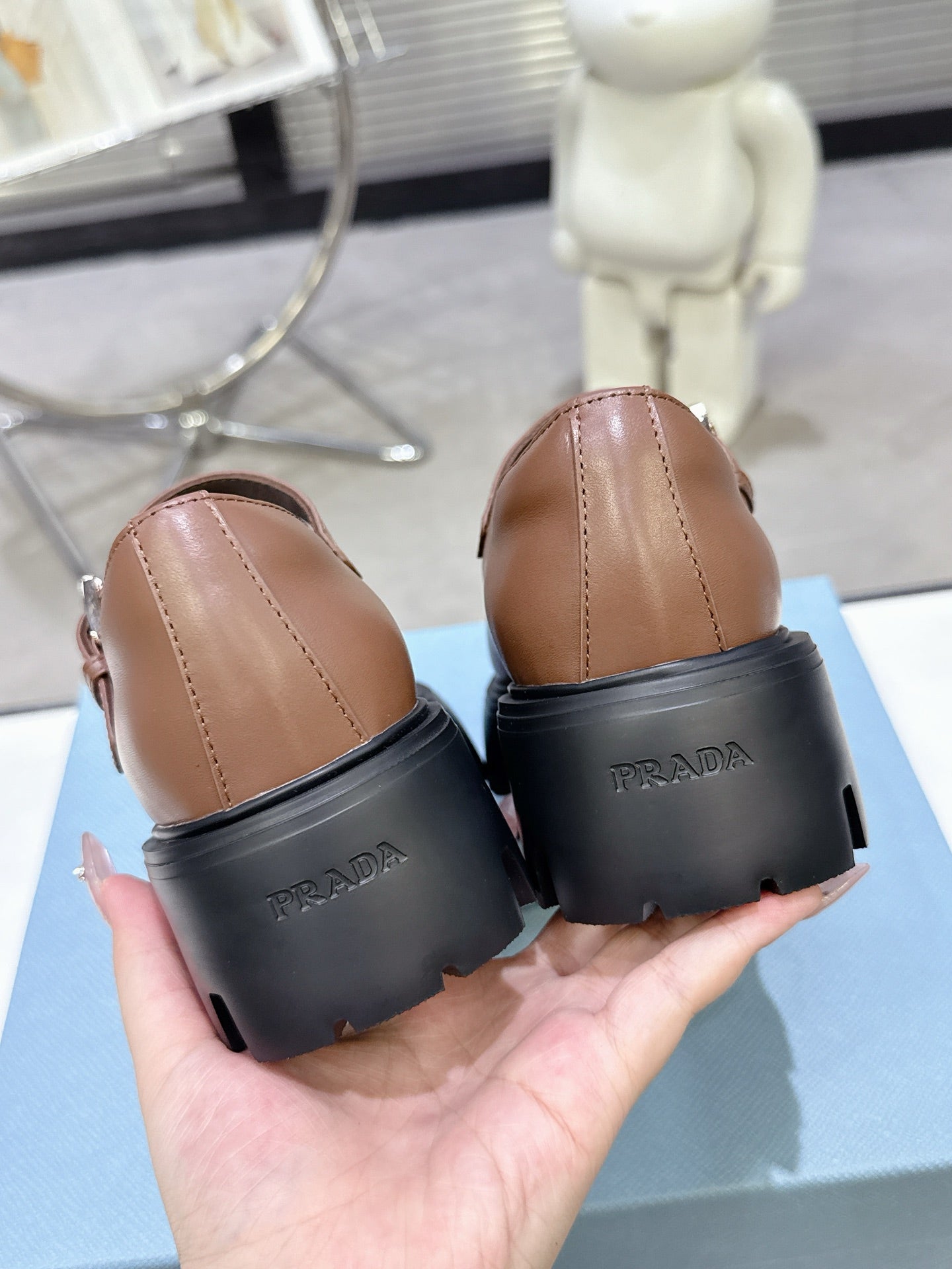 PRADA 25S PLATFORM MARY JANE SHOES IN BROWN CALFSKIN STYLE 1