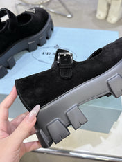 PRADA 25S PLATFORM MARY JANE SHOES IN BLACK SUEDE