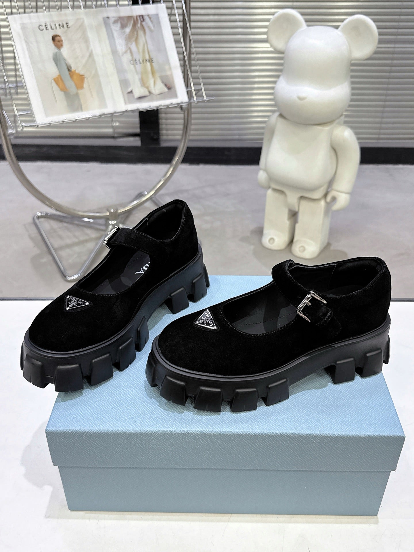 PRADA 25S PLATFORM MARY JANE SHOES IN BLACK SUEDE