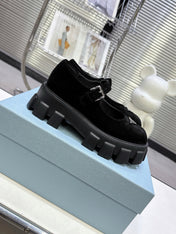 PRADA 25S PLATFORM MARY JANE SHOES IN BLACK SUEDE