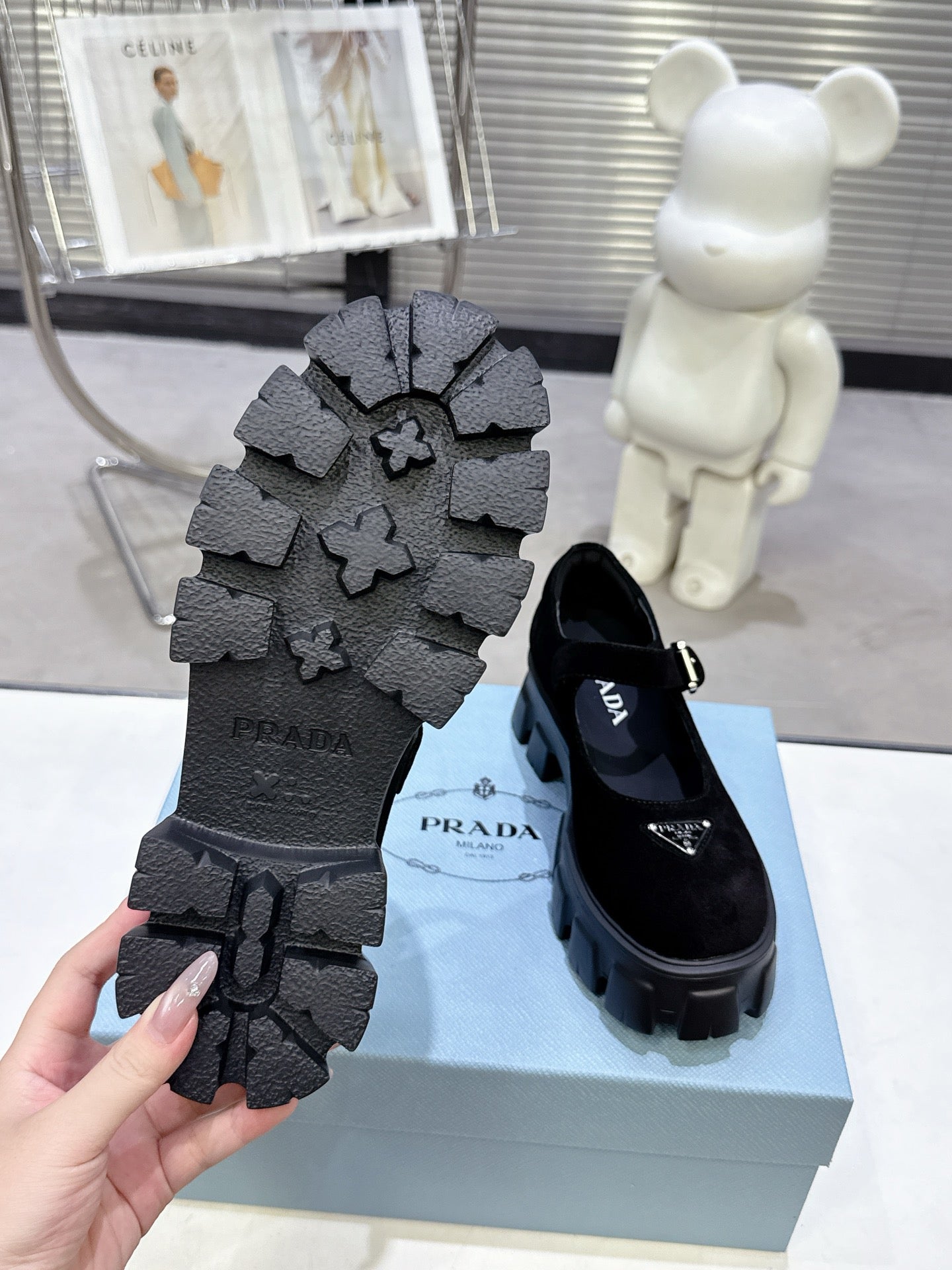 PRADA 25S PLATFORM MARY JANE SHOES IN BLACK SUEDE