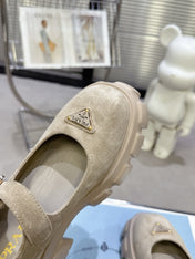 PRADA 25S PLATFORM MARY JANE SHOES IN BEIGE SUEDE