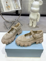 PRADA 25S PLATFORM MARY JANE SHOES IN BEIGE SUEDE