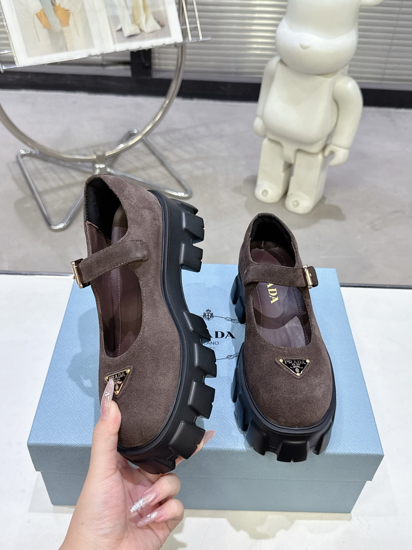PRADA 25S PLATFORM MARY JANE SHOES IN DARK BROWN SUEDE