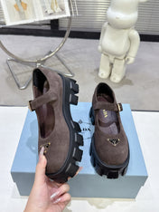PRADA 25S PLATFORM MARY JANE SHOES IN DARK BROWN SUEDE