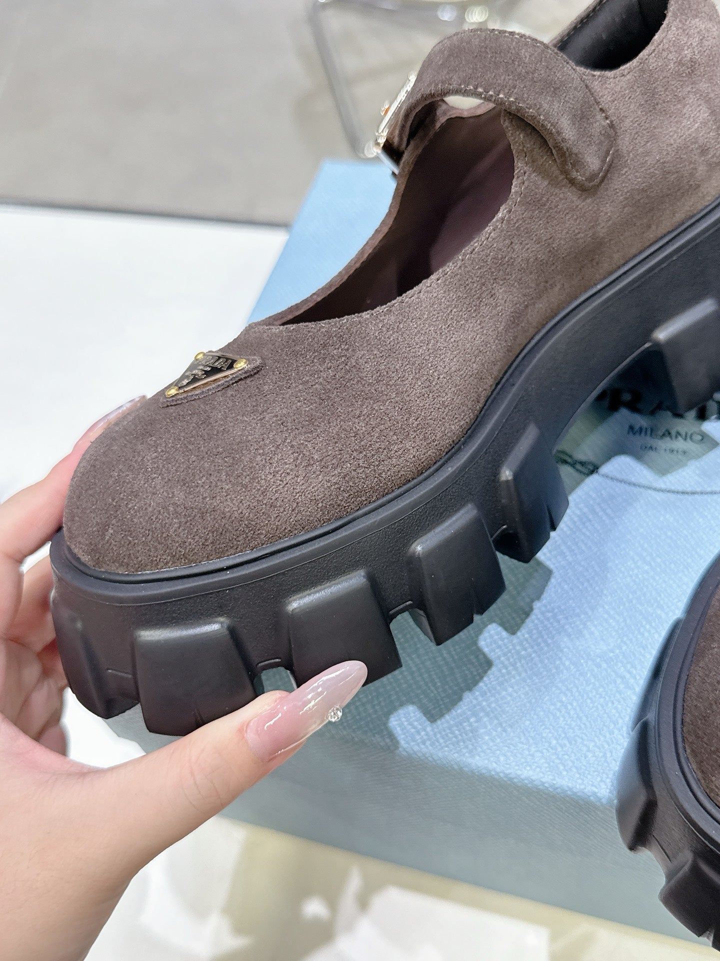 PRADA 25S PLATFORM MARY JANE SHOES IN DARK BROWN SUEDE