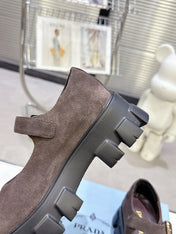 PRADA 25S PLATFORM MARY JANE SHOES IN DARK BROWN SUEDE