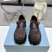 PRADA 25S PLATFORM MARY JANE SHOES IN DARK BROWN SUEDE