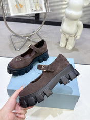 PRADA 25S PLATFORM MARY JANE SHOES IN DARK BROWN SUEDE