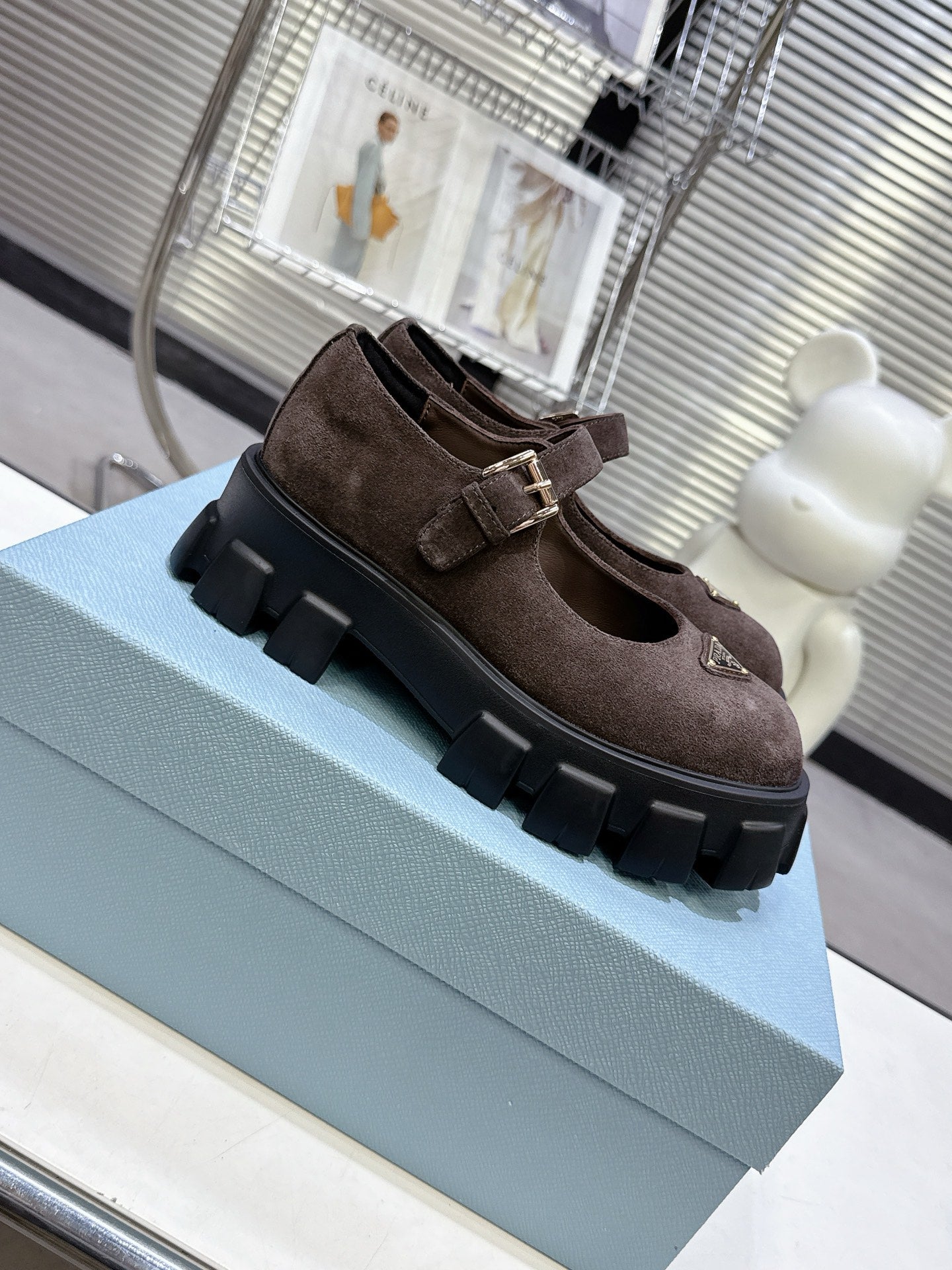 PRADA 25S PLATFORM MARY JANE SHOES IN DARK BROWN SUEDE