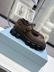 PRADA 25S PLATFORM MARY JANE SHOES IN DARK BROWN SUEDE